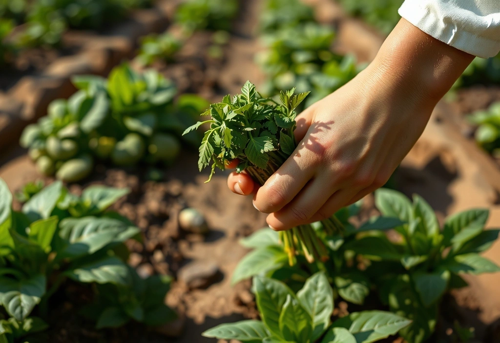 Close-up of hands harvesting organic herbs in a sustainable farm setting, symbolizing ethical sourcing.