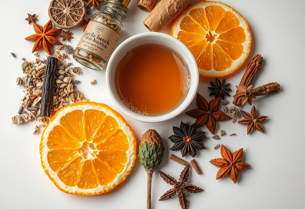 Herbal tea ingredients and a cup of tea