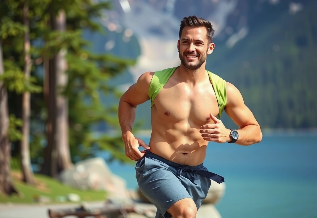 Dynamic male figure embodying strength and vitality, surrounded by natural elements.