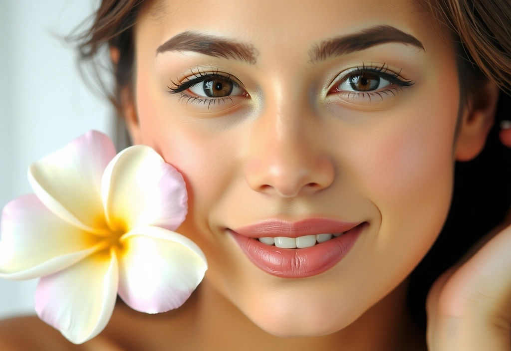 Radiant female face with healthy glowing skin, surrounded by delicate botanicals.