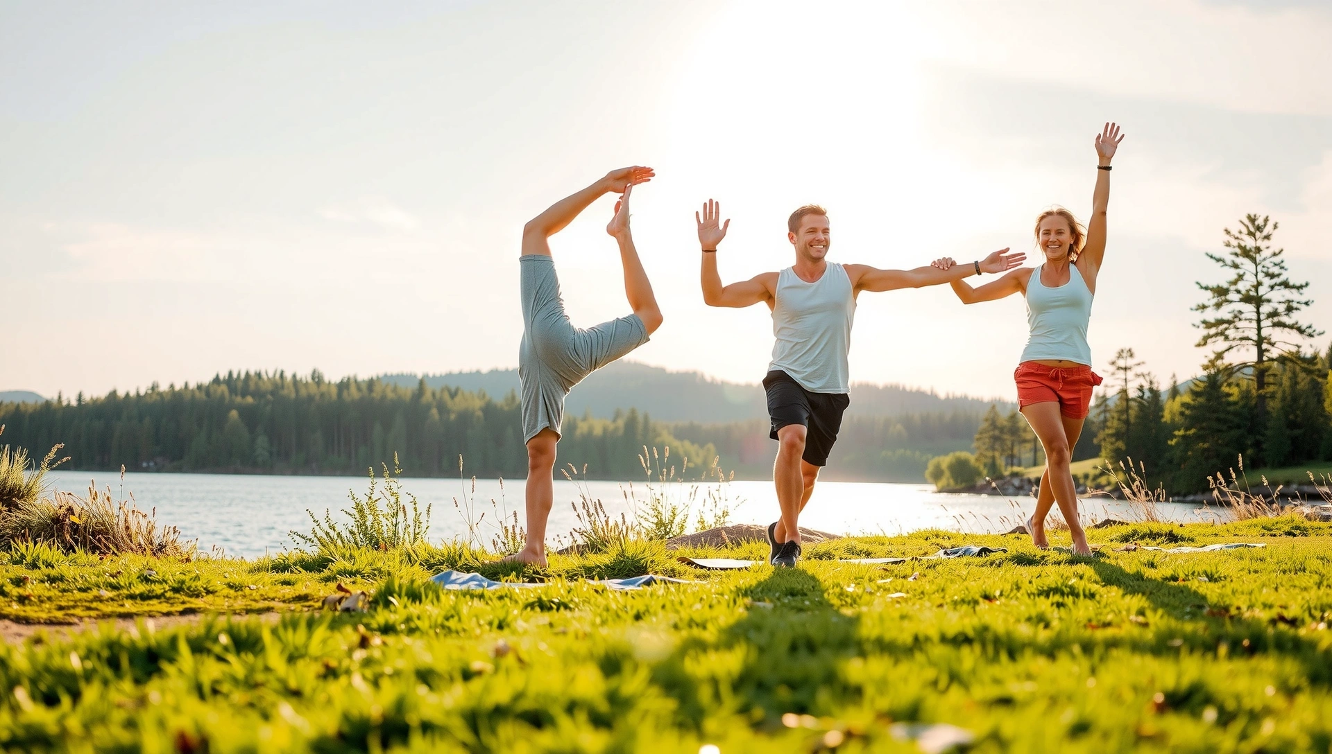 Serene nature with healthy, radiant people, embodying vitality and glow